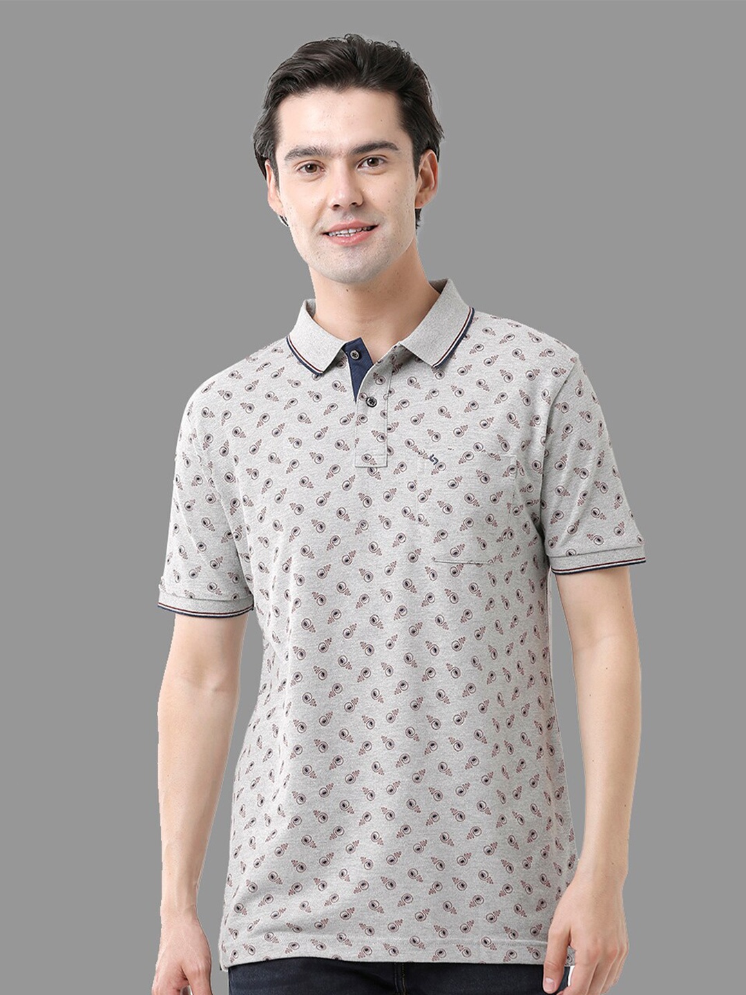 

Classic Polo Men Printed Polo Collar Slim Fit Cotton T-shirt, Grey