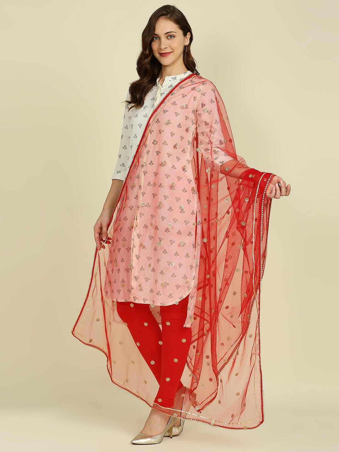 

Dupatta Bazaar Sequins Embroidered Net Dupatta, Red