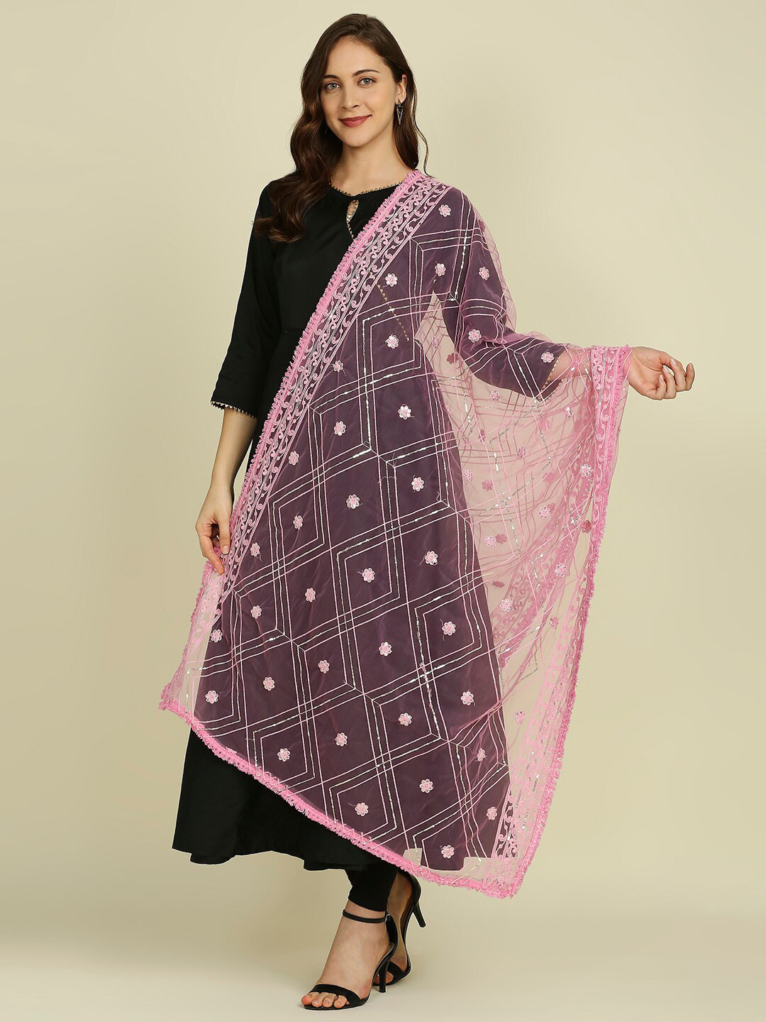 

Dupatta Bazaar Sequins Embroidered Net Dupatta, Pink