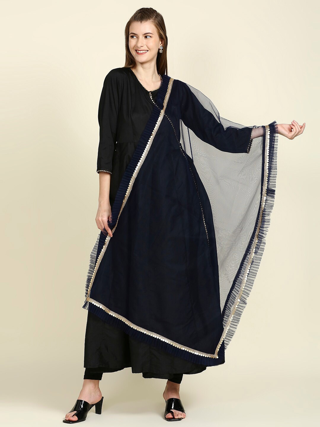 

Dupatta Bazaar Ruffle and Lace Embellished Border Dupatta, Navy blue