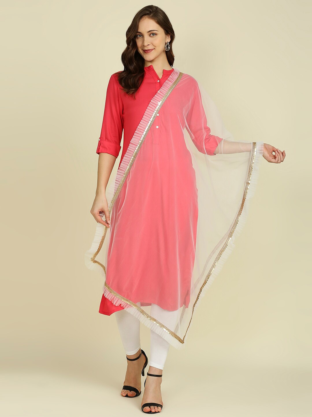 

Dupatta Bazaar Ruffle and Lace Embellished Border Net Dupatta, White