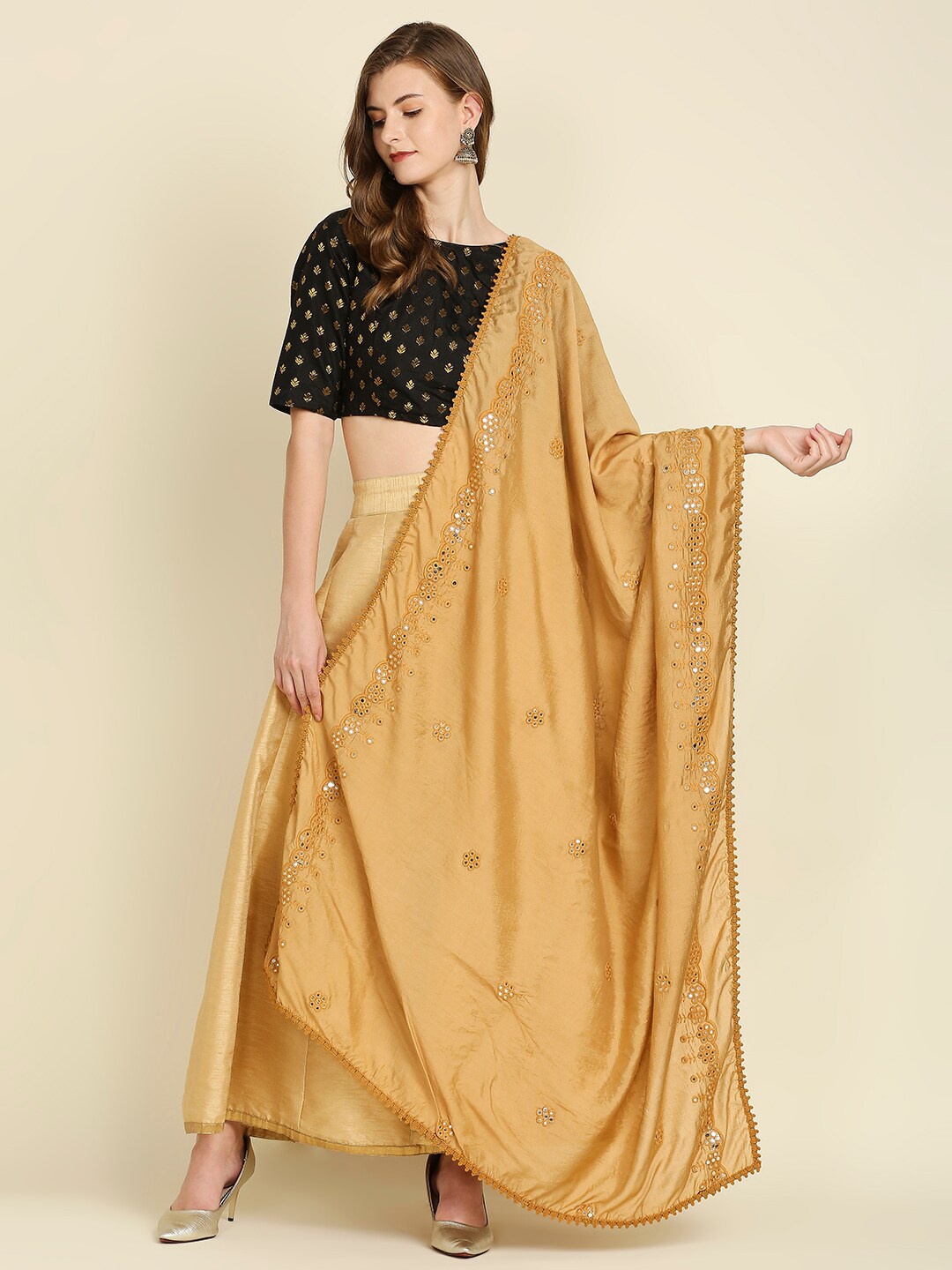 

Dupatta Bazaar Mirror Work Embroidered Dupatta, Beige