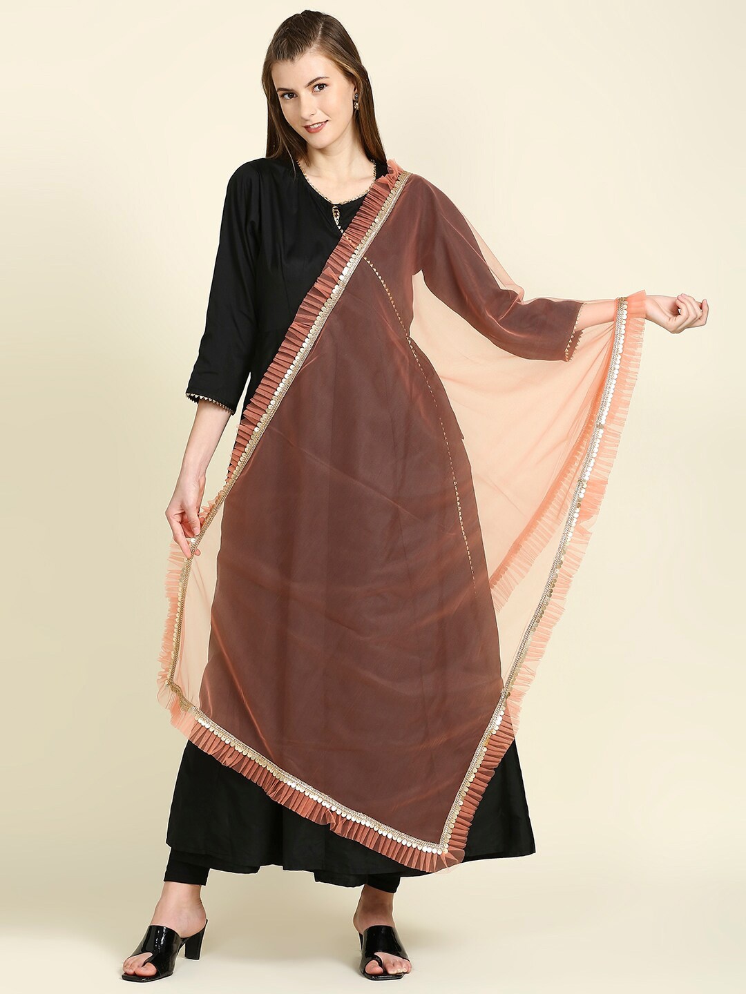 

Dupatta Bazaar Ruffle Embellished Border Net Dupatta, Peach