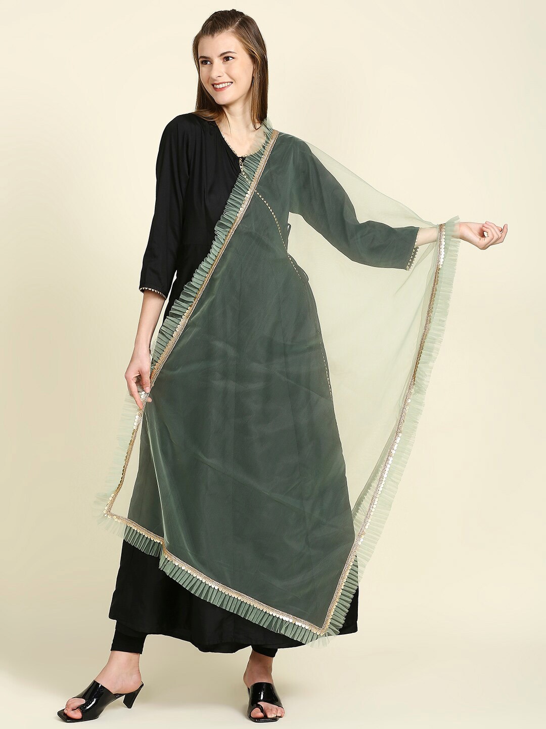 

Dupatta Bazaar Ruffle Embellished Border Net Dupatta, Green