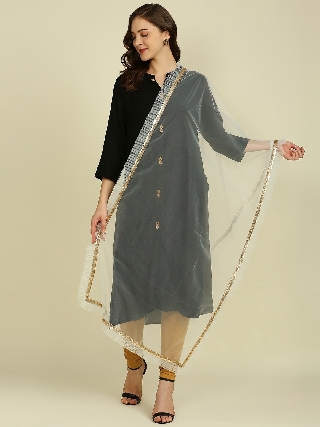 

Dupatta Bazaar Ruffles Sequin Embellished Net Dupatta, Off white
