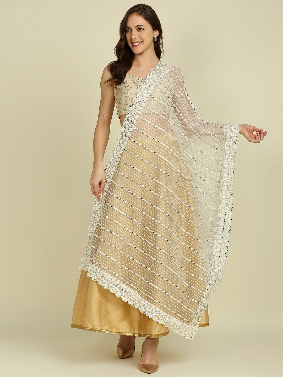 

Dupatta Bazaar Mirror work Embroidered Net Dupatta, Off white