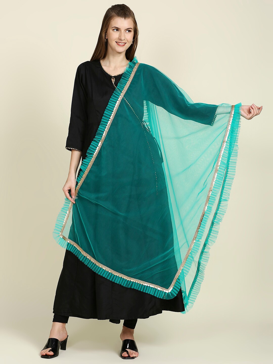 

Dupatta Bazaar Ruffles Sequin Embellished Net Dupatta, Sea green