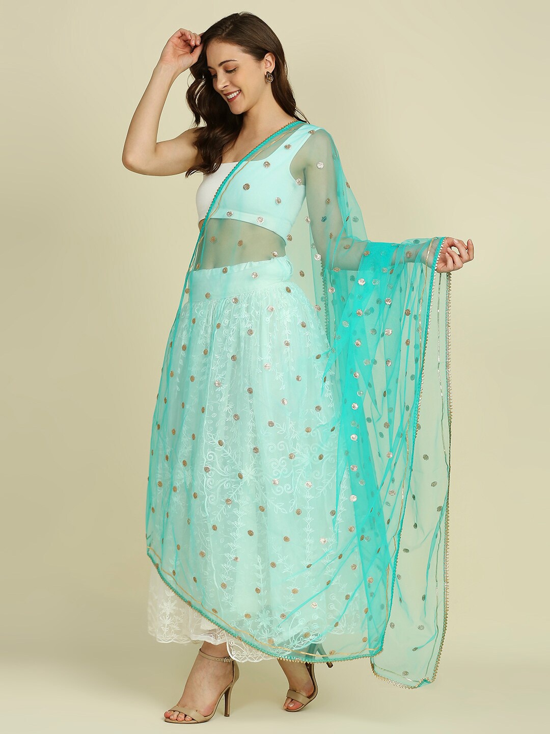 

Dupatta Bazaar Sequin Embroidered Net Dupatta, Sea green