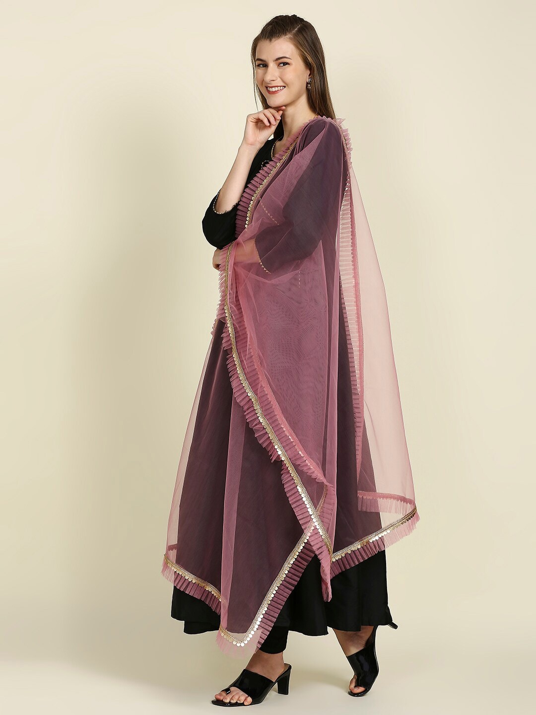 

Dupatta Bazaar Sequin Embroidered Net Dupatta, Pink