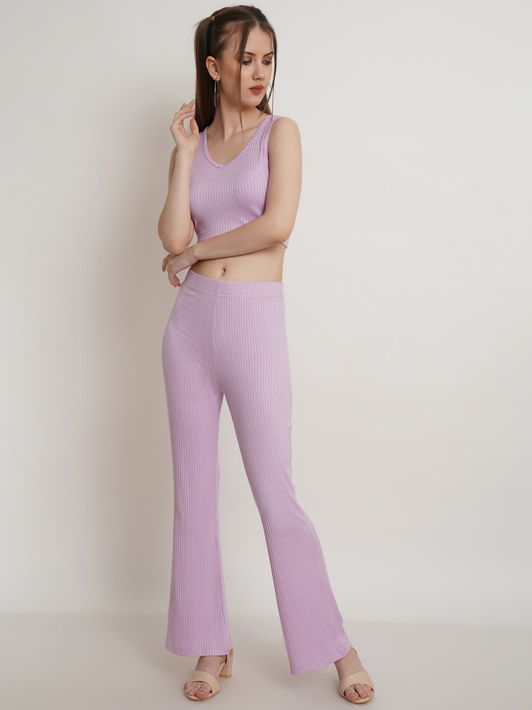 

Popwings Women Solid Crop Top With Trousers Co-Ords, Lavender