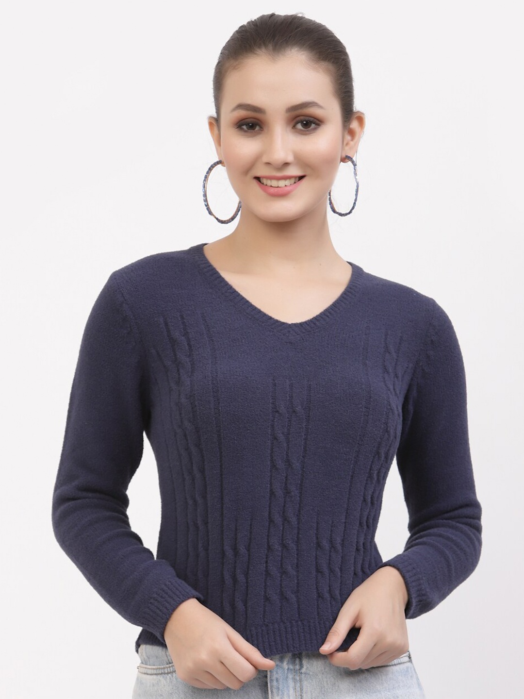 

Juelle Women Navy Blue Cable Knit Crop Pullover