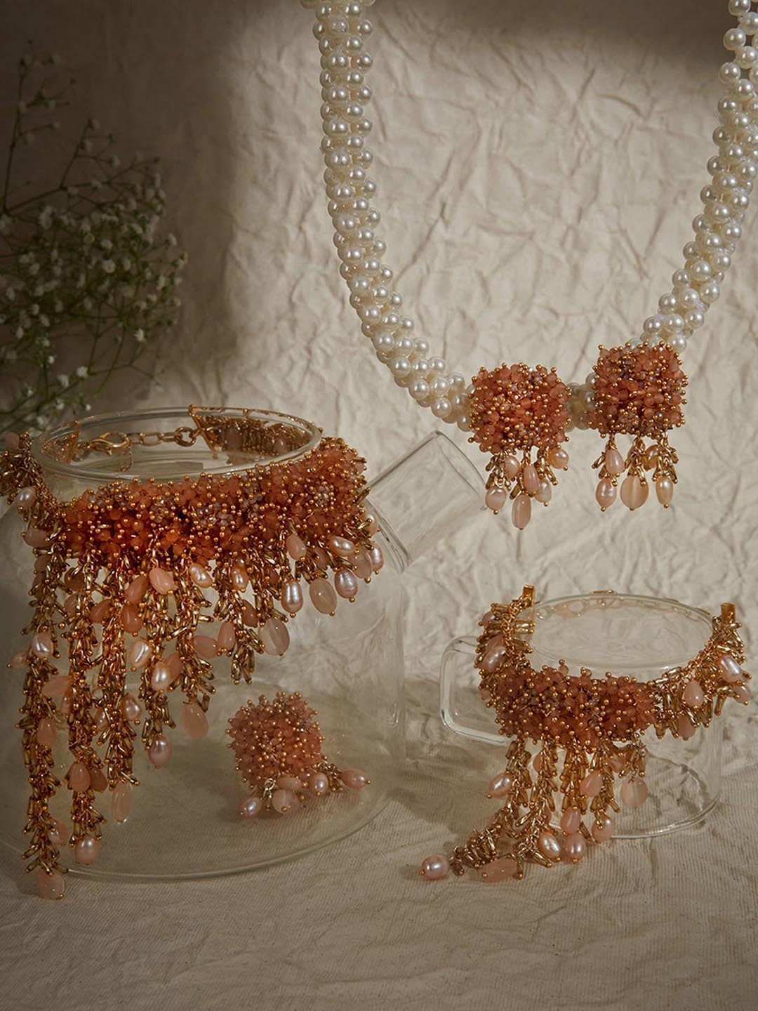 

D'oro Gold-Plated Pearl Beaded Choker Necklace Set, Peach