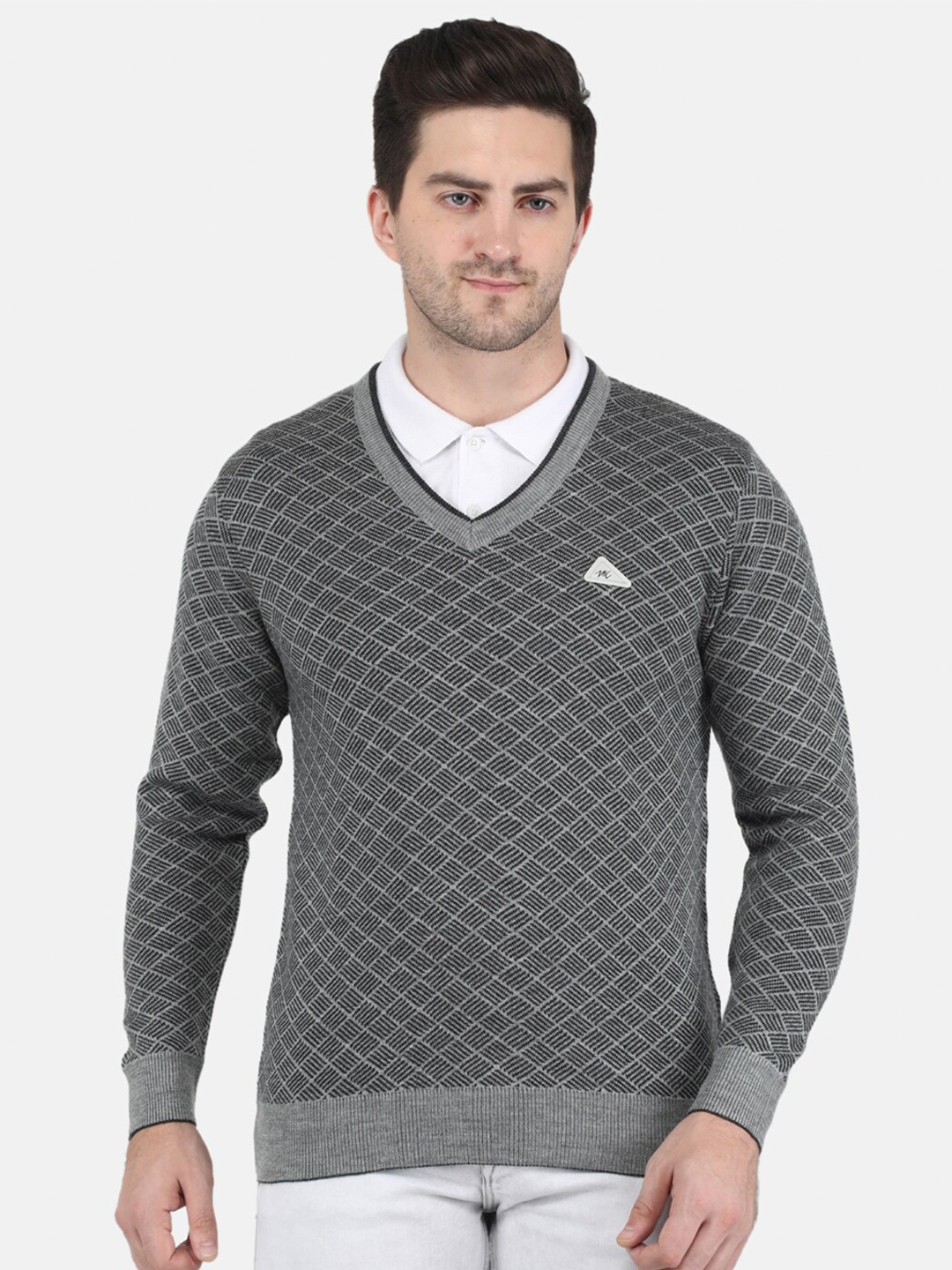 

Monte Carlo Men Cable Knit Checked Pullover, Grey