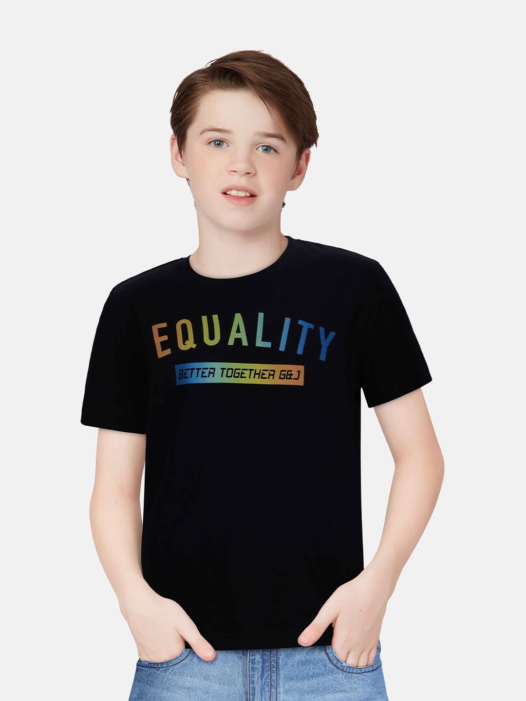 

Gini and Jony Boys Typography Printed T-shirt, Black