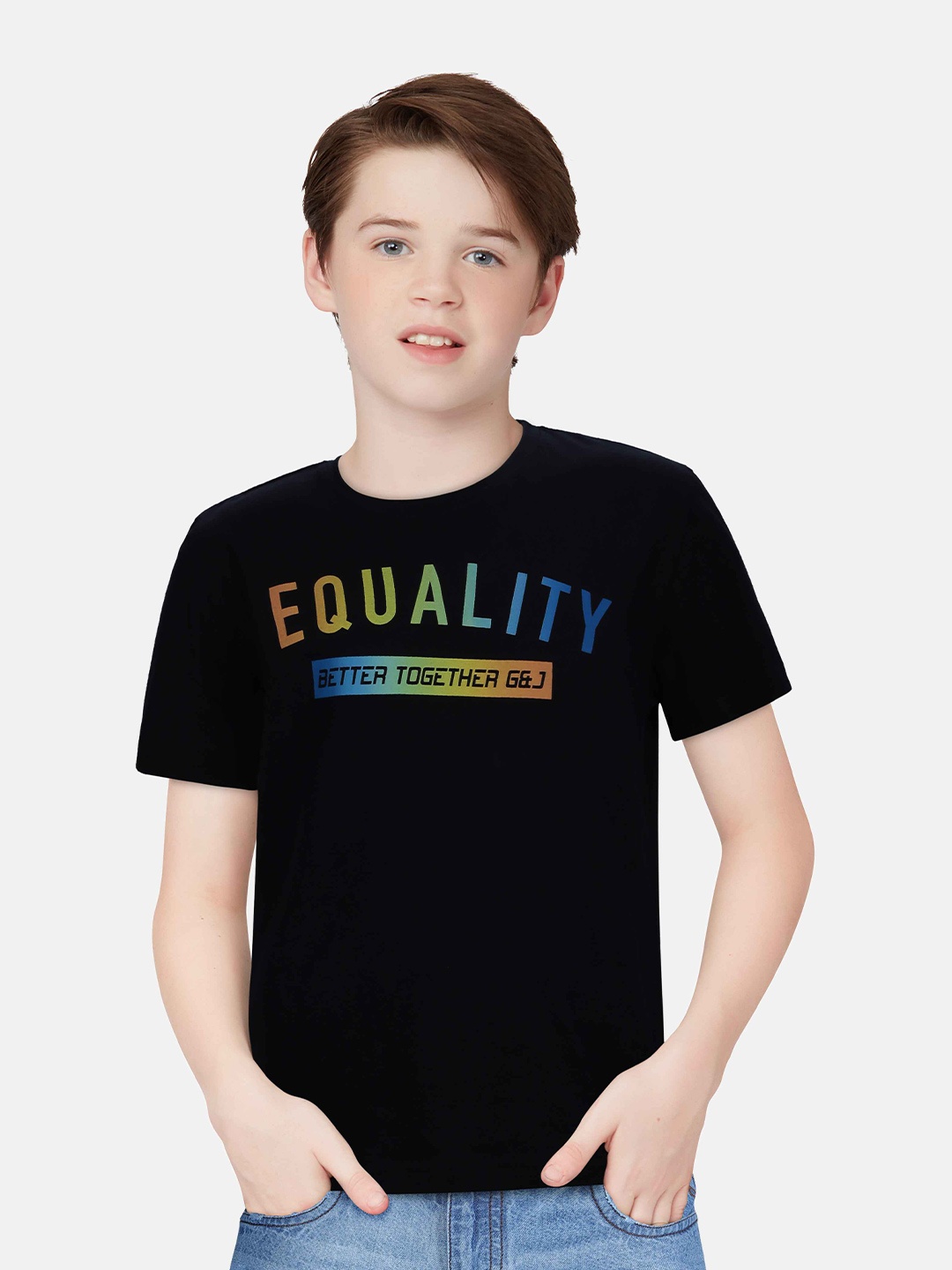 

Gini and Jony Boys Typography Printed T-shirt, Black