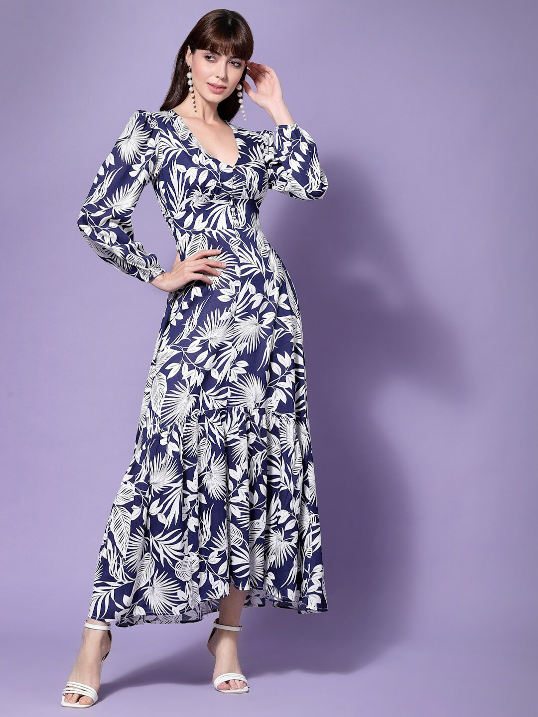 

FLAWLESS Women Tropical Printed A-Line Midi Dress, Blue