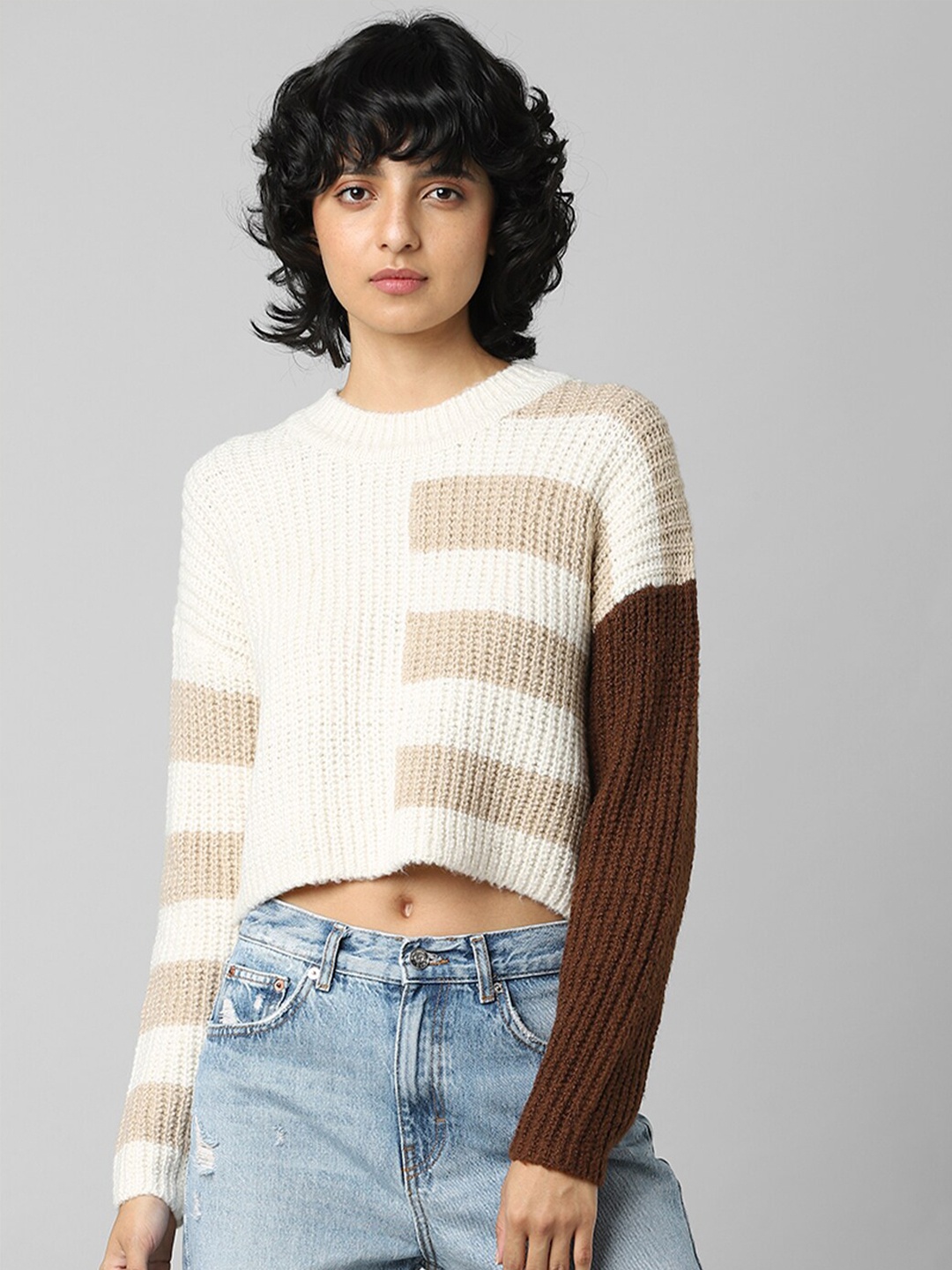 

ONLY Women Striped Crop Pullover, Beige