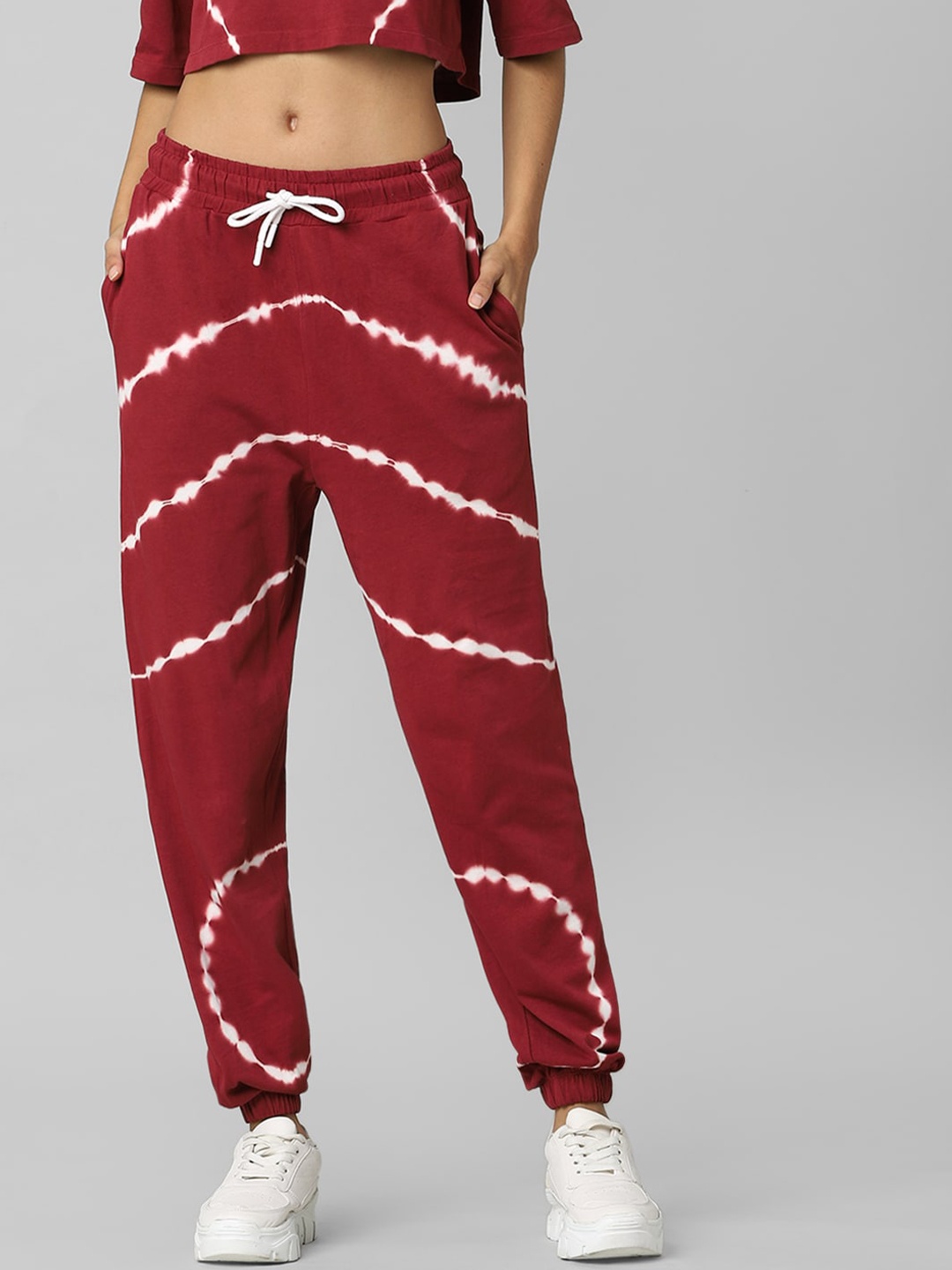 

ONLY Women Tie & Dye Printed Cotton Joggers, Maroon