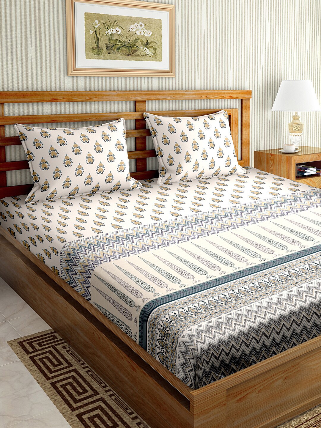 

BELLA CASA Ethnic Motifs Printed 180 TC King Bedsheet with 2 Pillow Covers, White