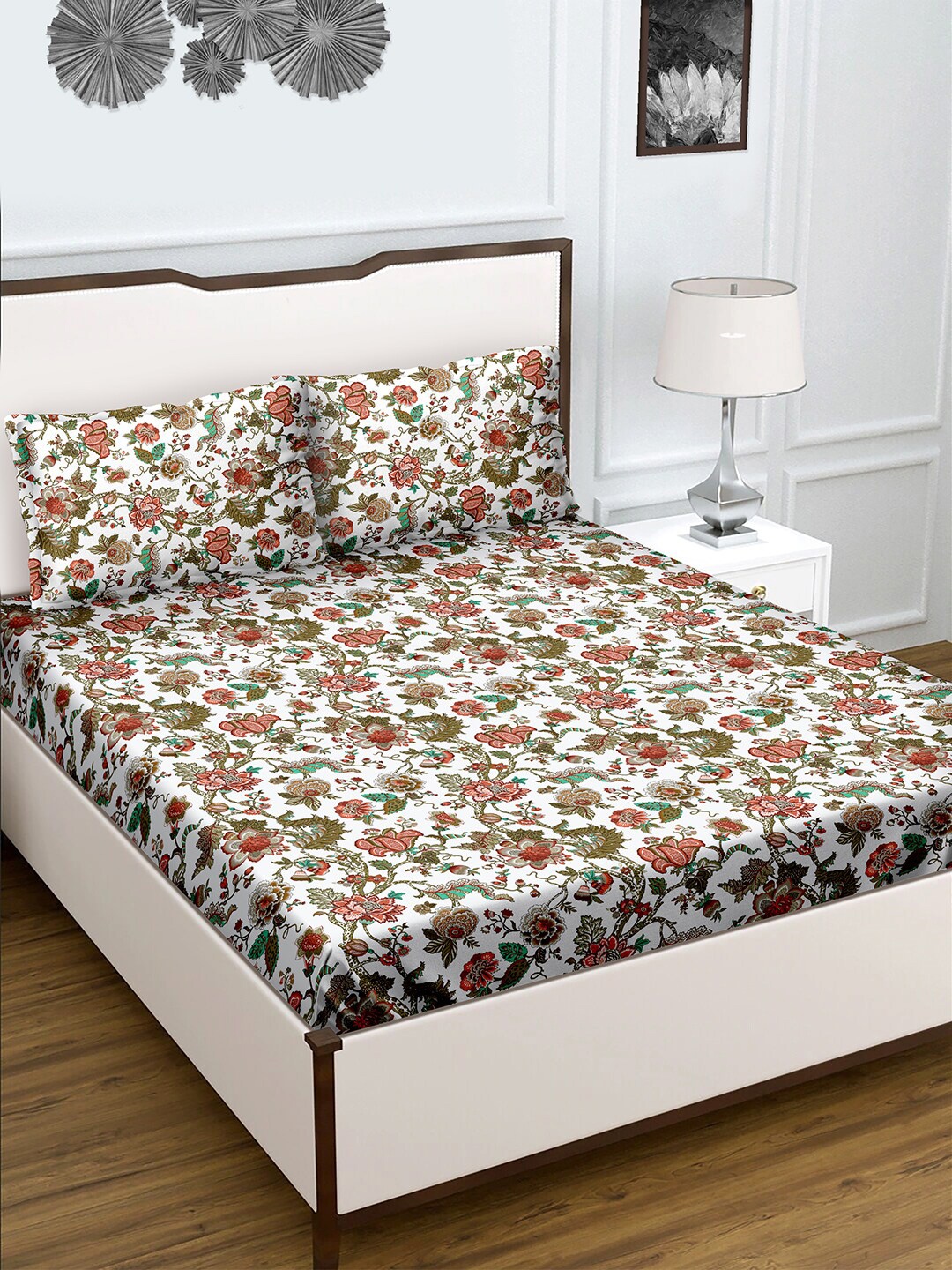

BELLA CASA Floral Printed 180 TC Queen Bedsheet with 2 Pillow Covers, White