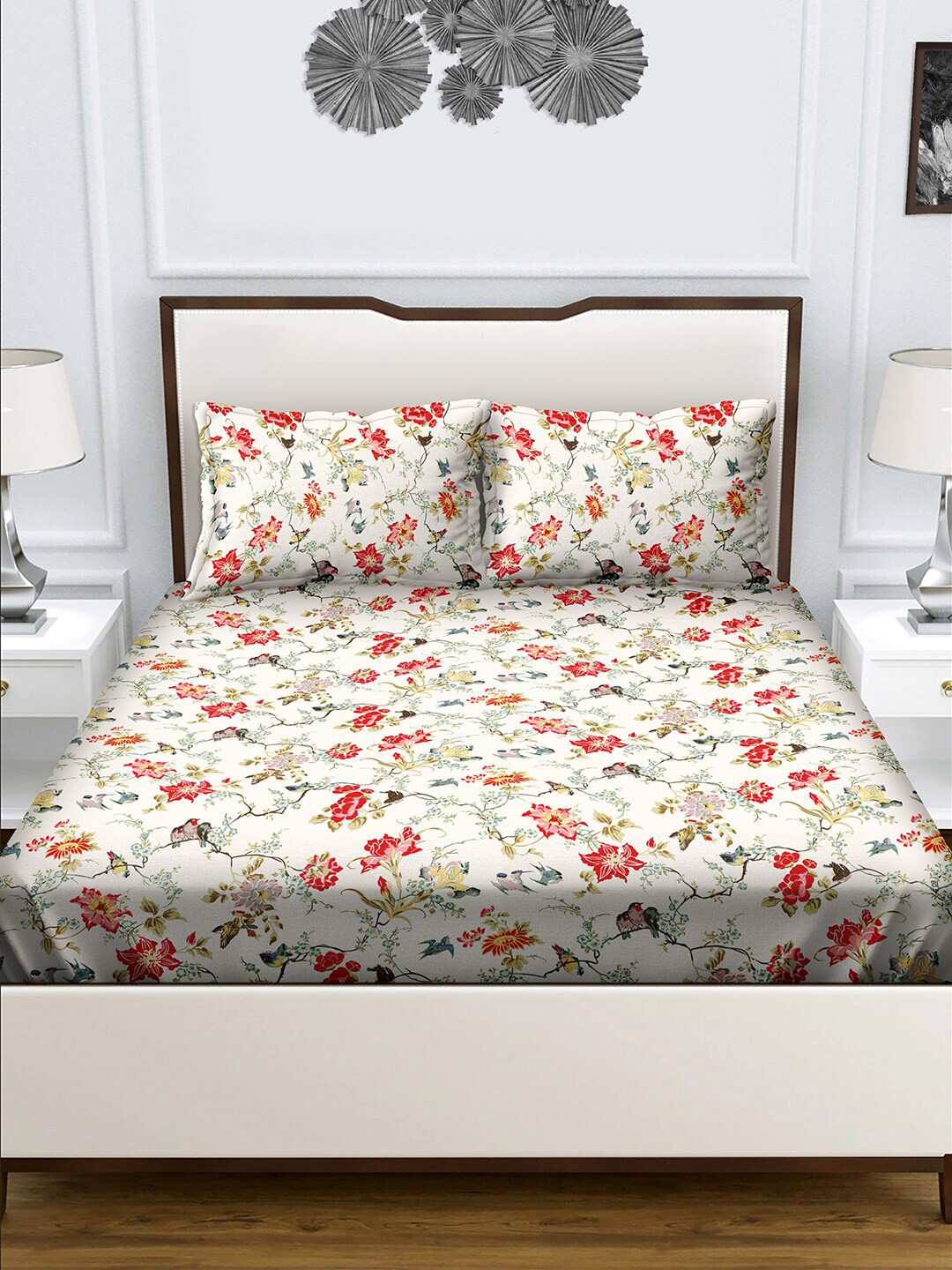 

BELLA CASA Floral Printed 180 TC King Bedsheet with 2 Pillow Covers, Off white