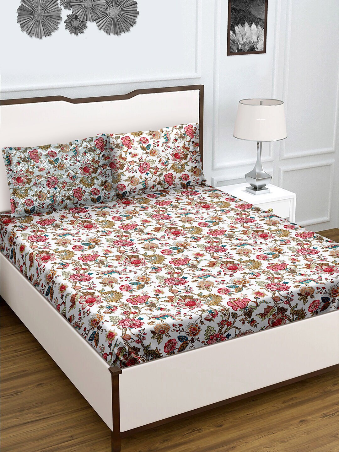 

BELLA CASA Floral Printed 180 TC Queen Bedsheet with 2 Pillow Covers, White