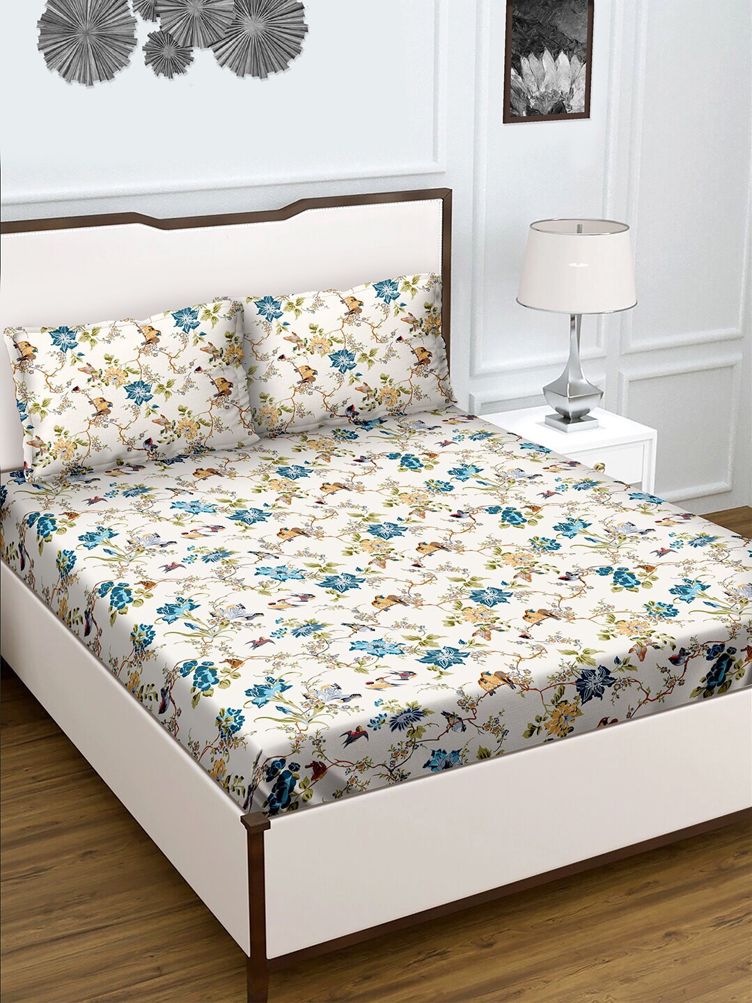 

BELLA CASA Floral Printed 180 TC King Bedsheet with 2 Pillow Covers, White