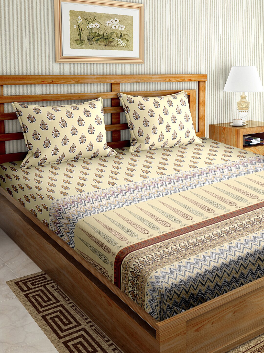 

BELLA CASA Ethnic Motifs Printed 180 TC King Bedsheet with 2 Pillow Covers, Beige