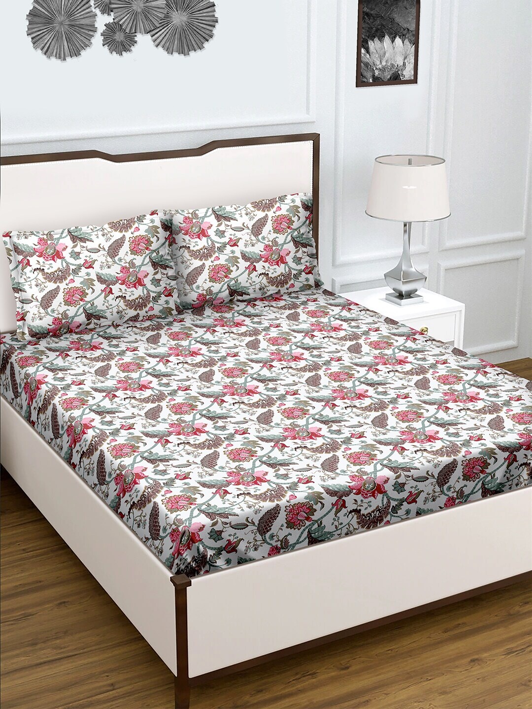 

BELLA CASA Floral Printed 180 TC Queen Bedsheet with 2 Pillow Covers, White