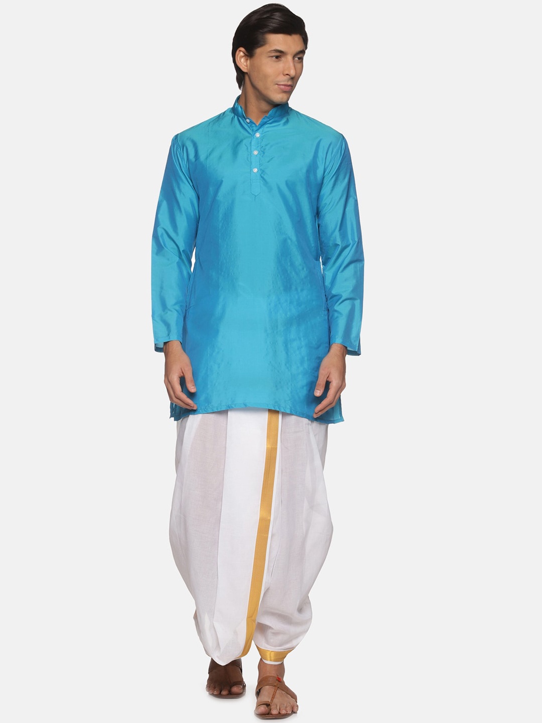 

Sethukrishna Men Turquoise Blue & White Kurta with Dhoti