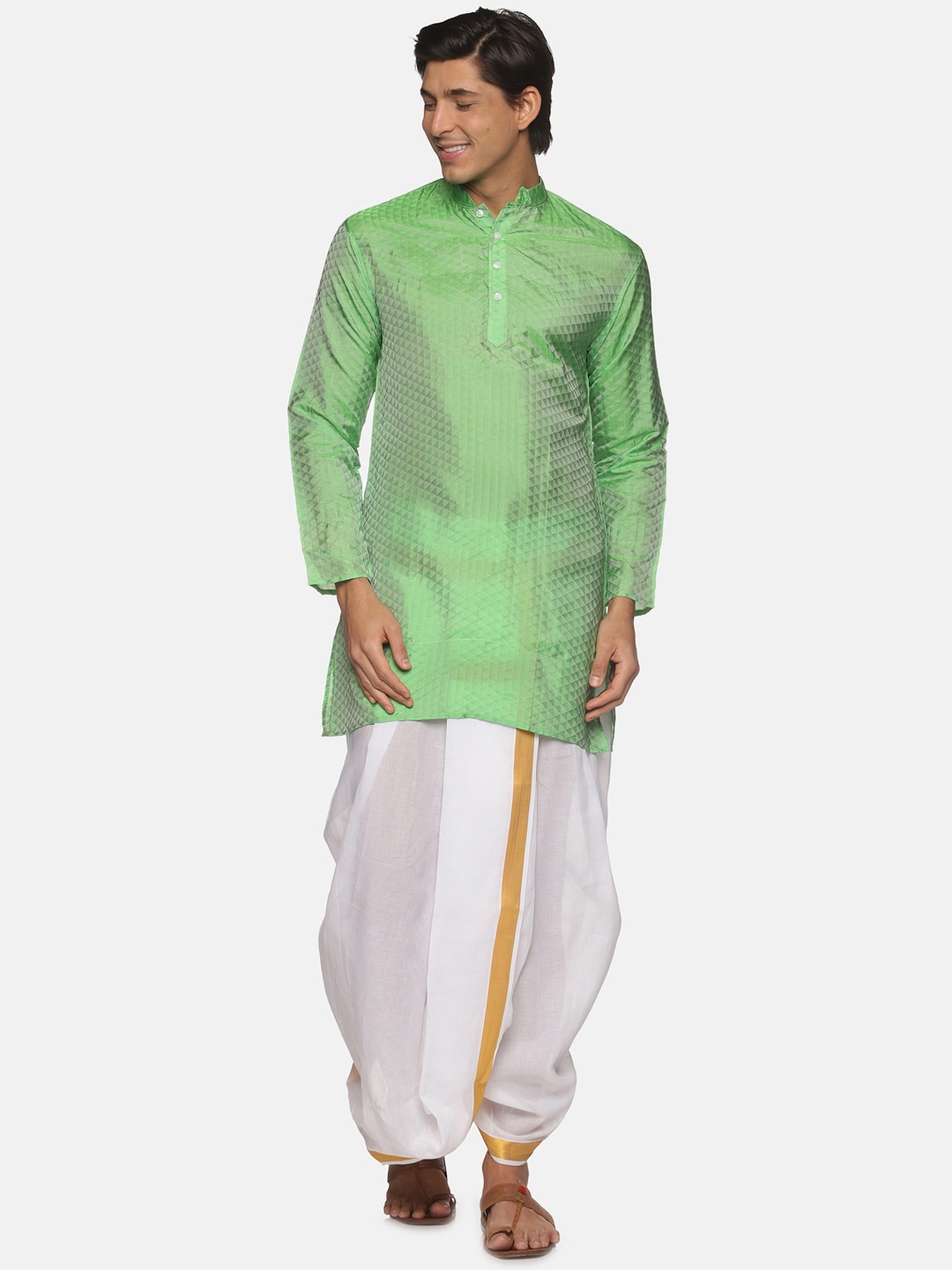 

Sethukrishna Men Green & White Self Design Art Silk Kurta with Dhoti Pants