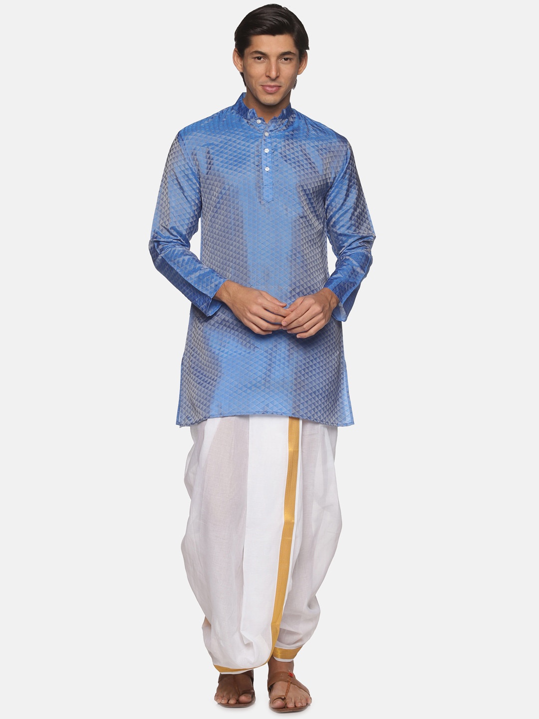 

Sethukrishna Men Blue And White Self Design Kurta With Dhoti Pant