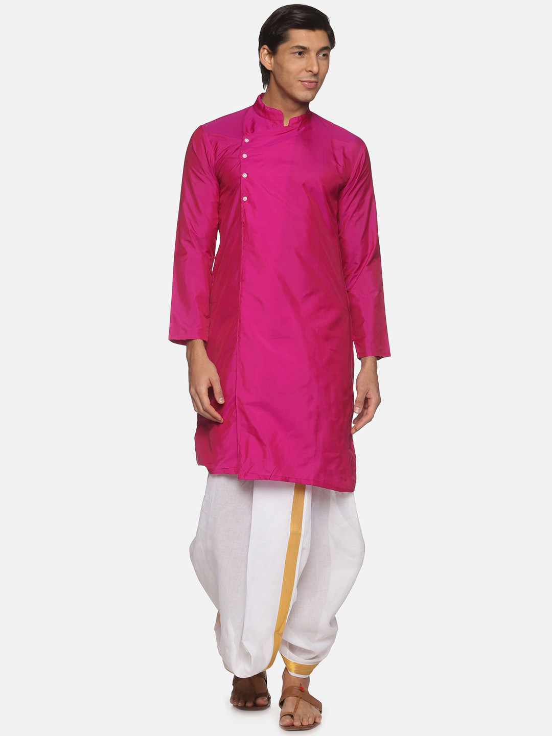 

Sethukrishna Men Pink And White Long Sleeves Angrakha Kurta With Zari Border Dhoti Pants