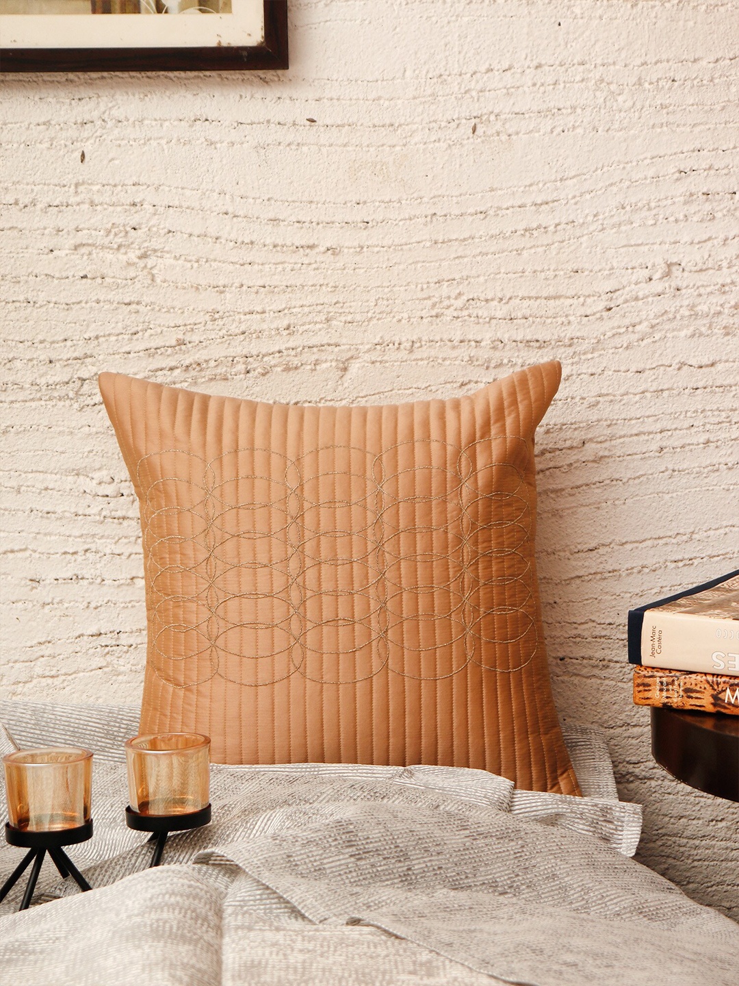 

ZEBA Self Design Square Cushion Covers, Gold