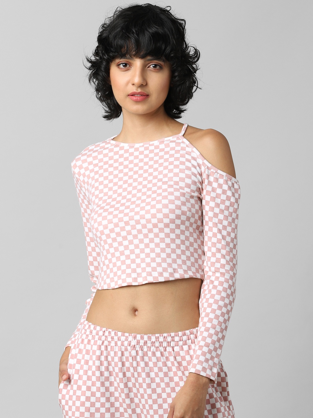 

ONLY Women Pink & White Checked Crop Top