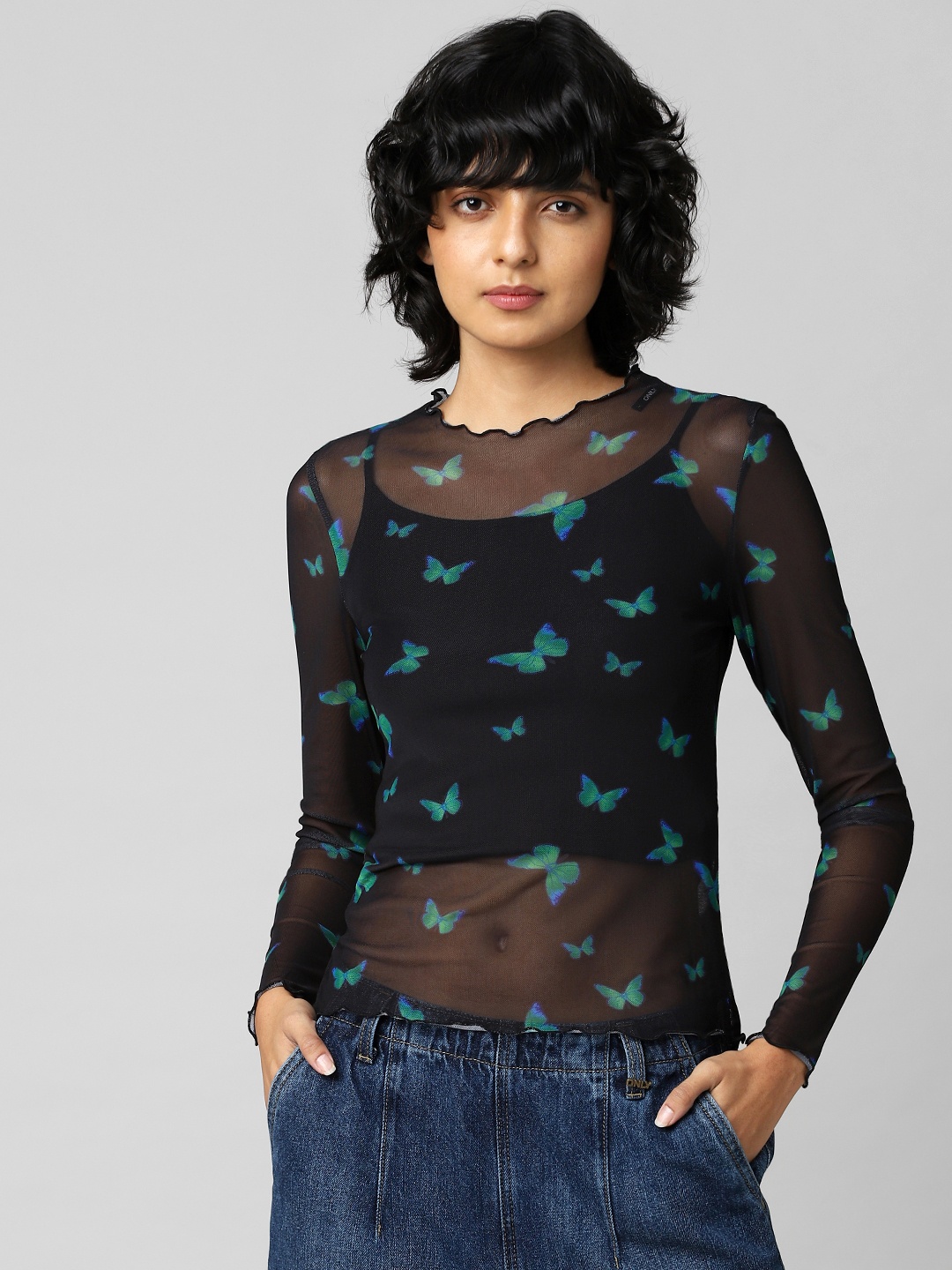 

ONLY Women Printed Sheer Top, Black
