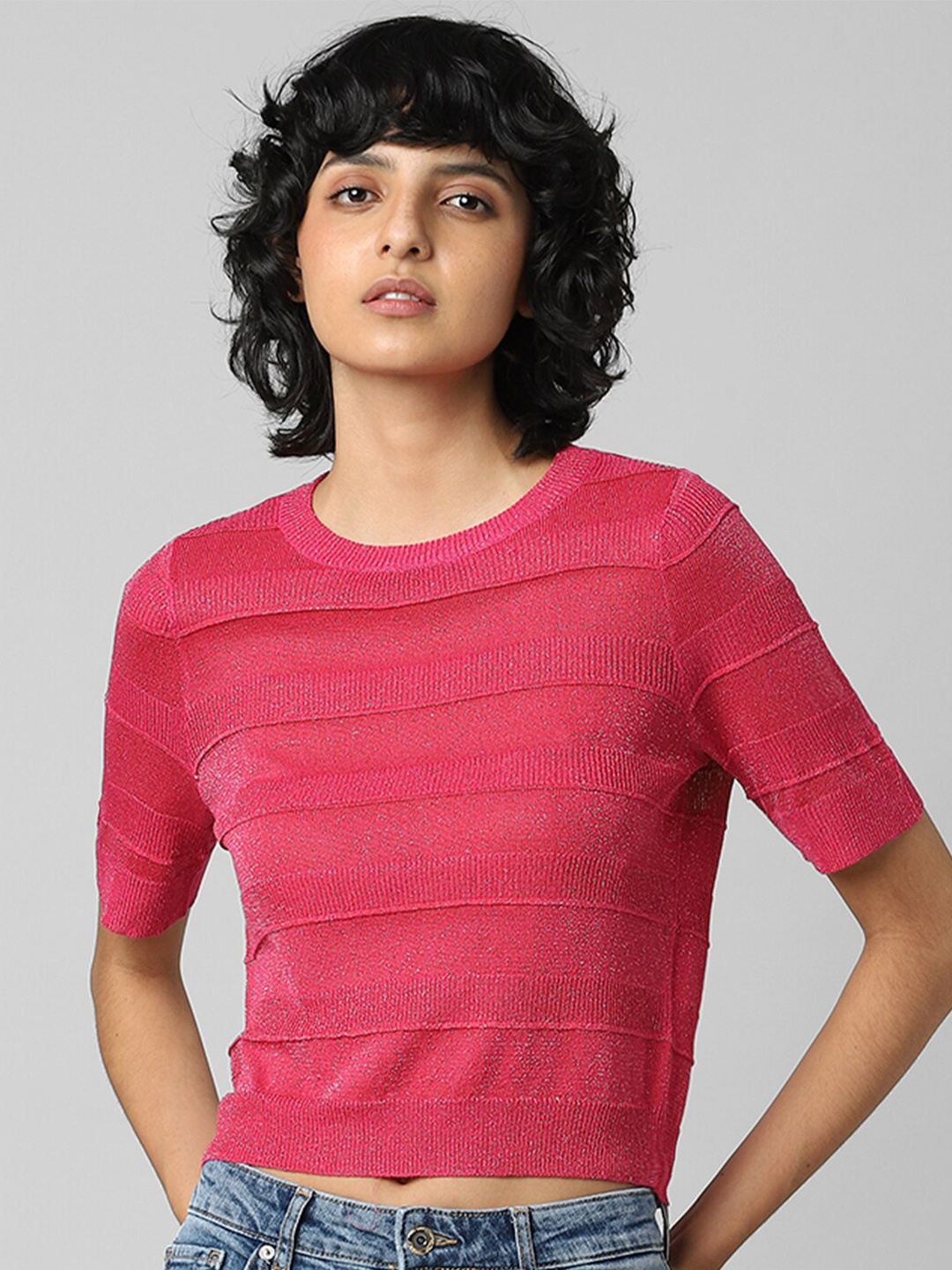 

ONLY Women Self Design Crop Top, Pink