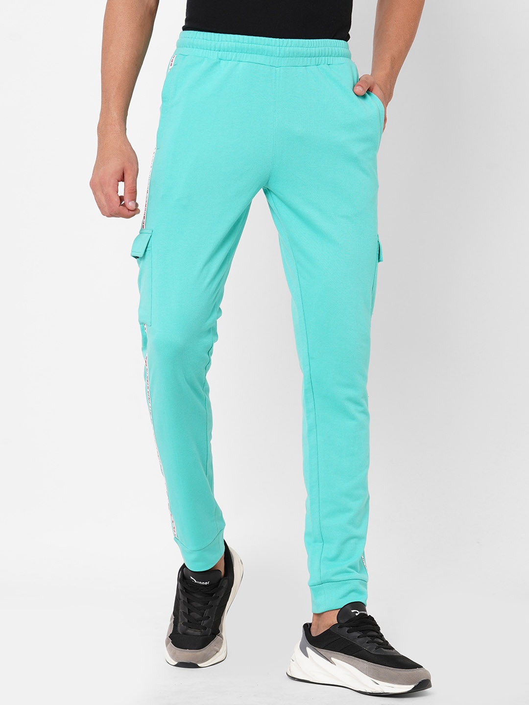 

FiTZ Men Solid Cotton Slim-Fit Joggers, Turquoise blue