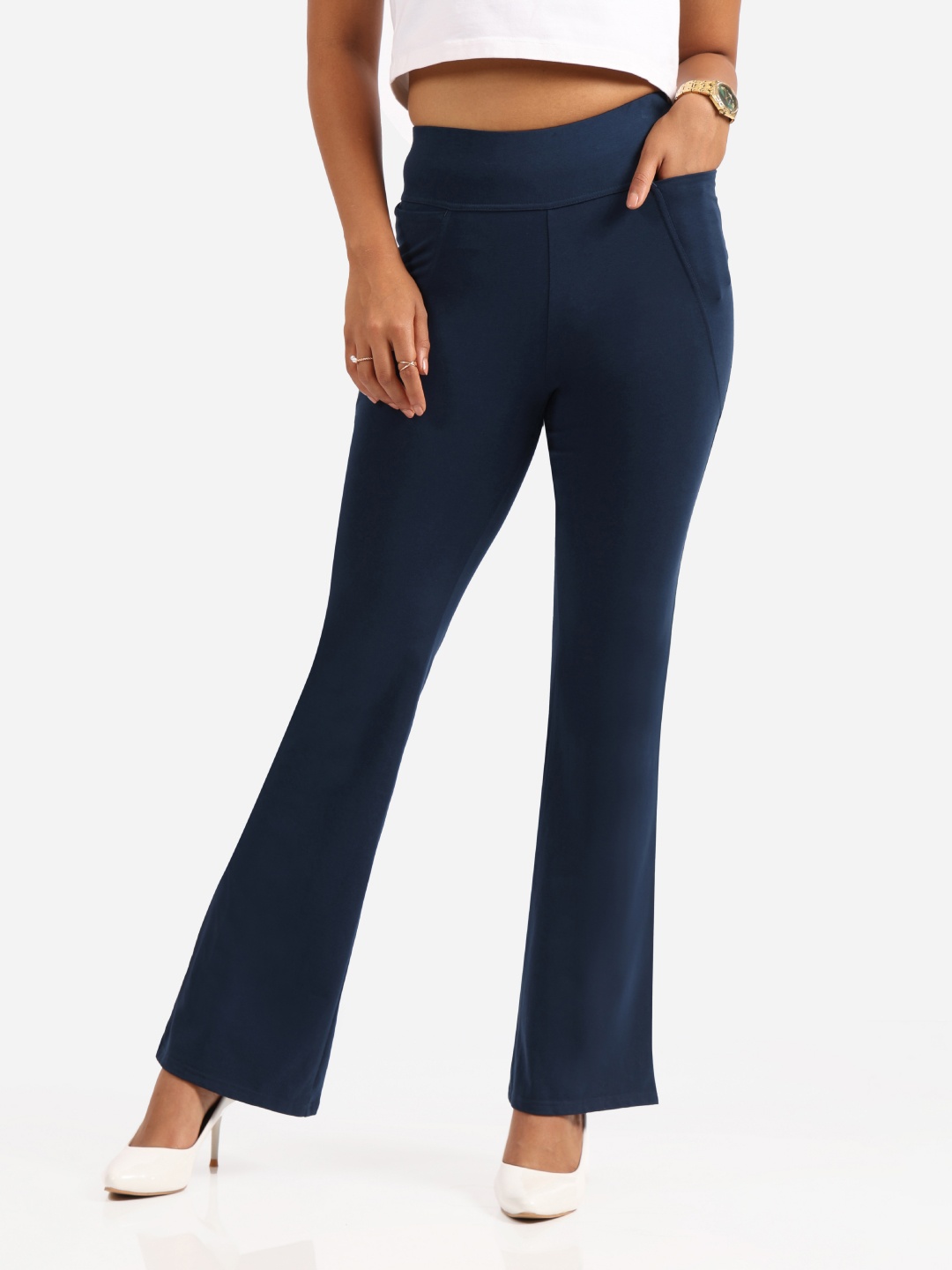 

Blissclub Women Waist Groove In Cotton Flare Track Pants, Navy blue