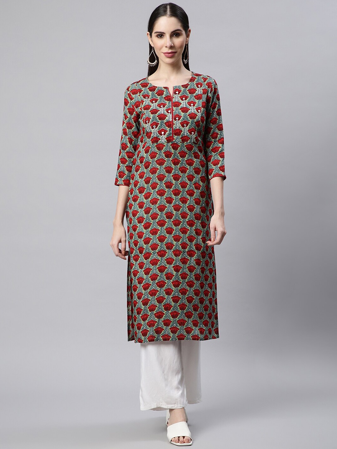 

Sringam Women Green & Red Ethnic Motifs Printed Kurta