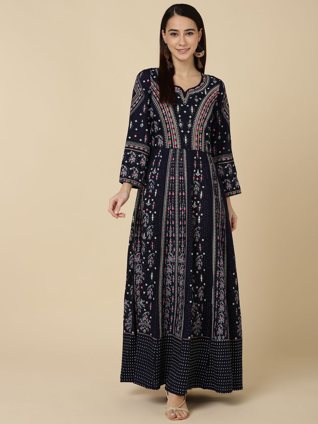 

VEDANA Women Ethnic Motifs Printed Maxi Dress, Navy blue