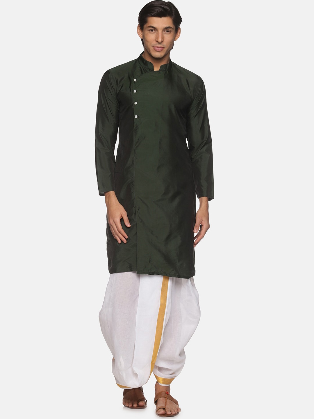 

Sethukrishna Men Green & White Angrakha Kurta with Dhoti Pant