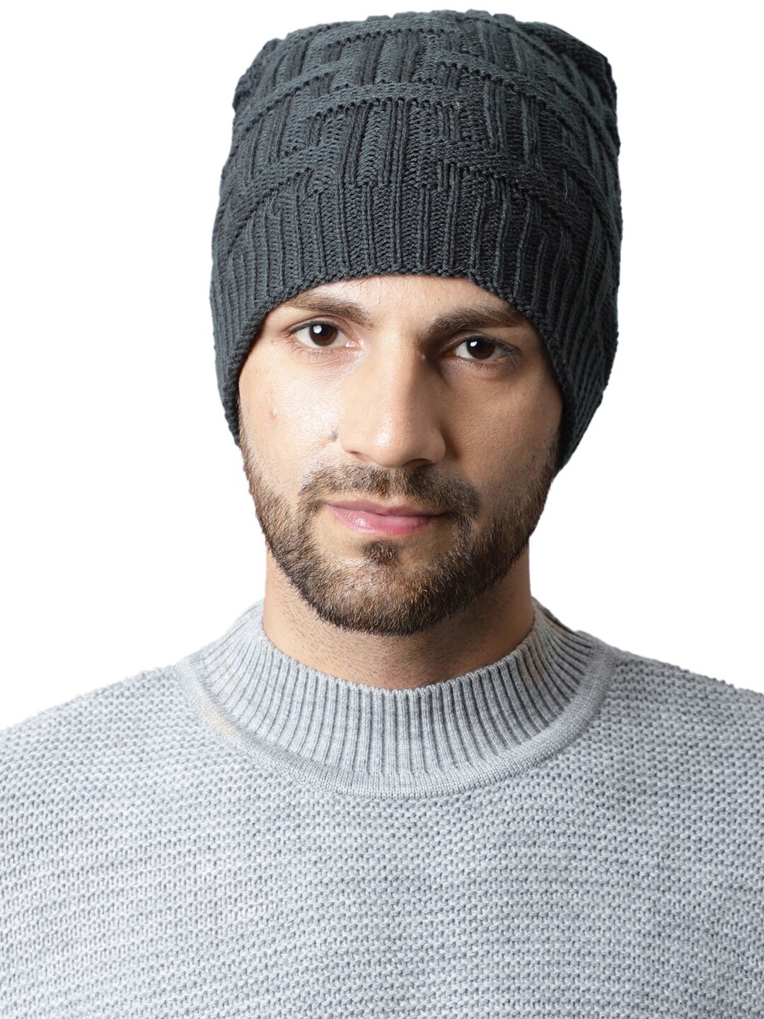 

ELLIS Men Self Designed Acrylic Beanie, Grey