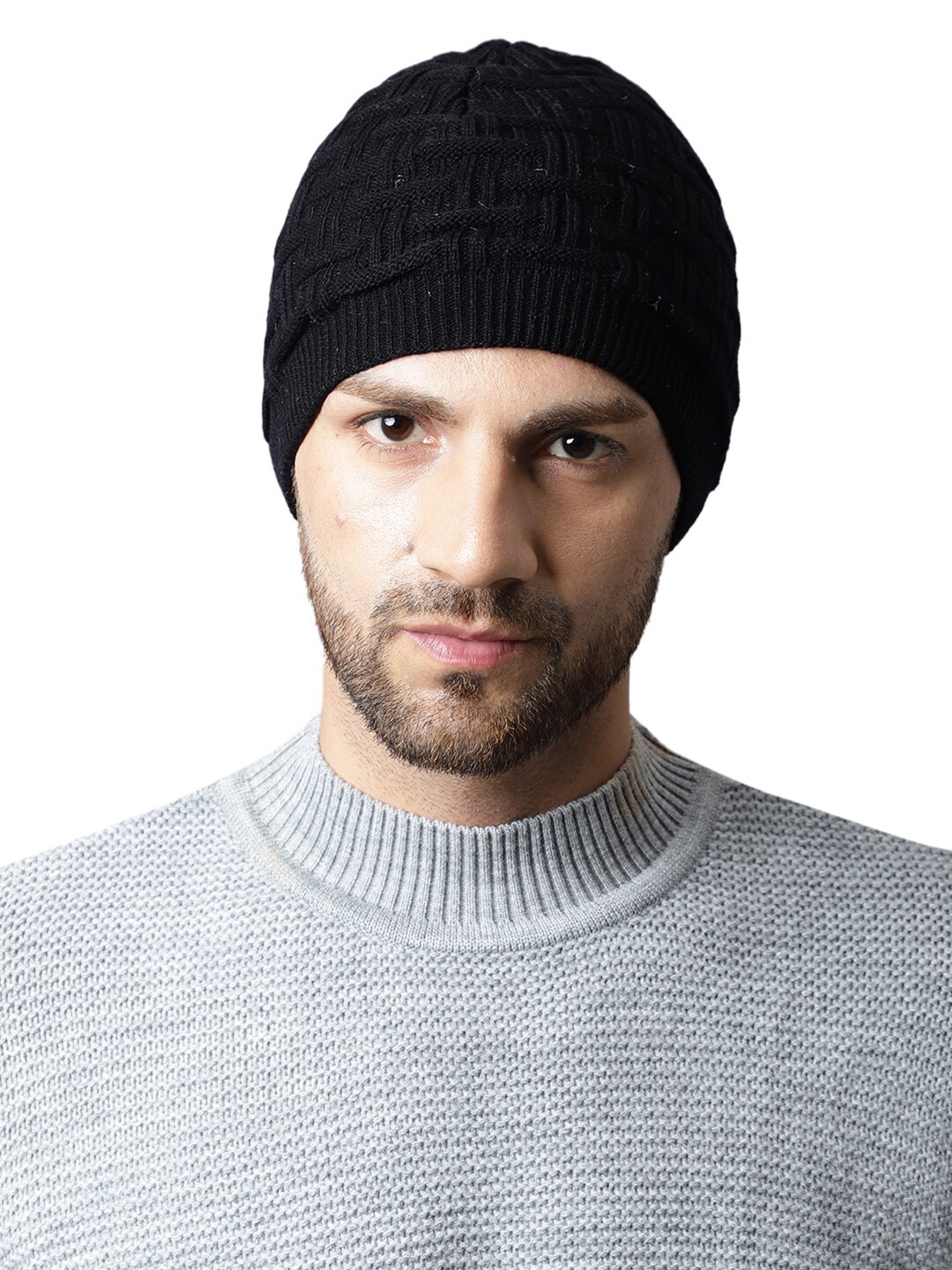 

ELLIS Men Self Designed Acrylic Beanie, Black