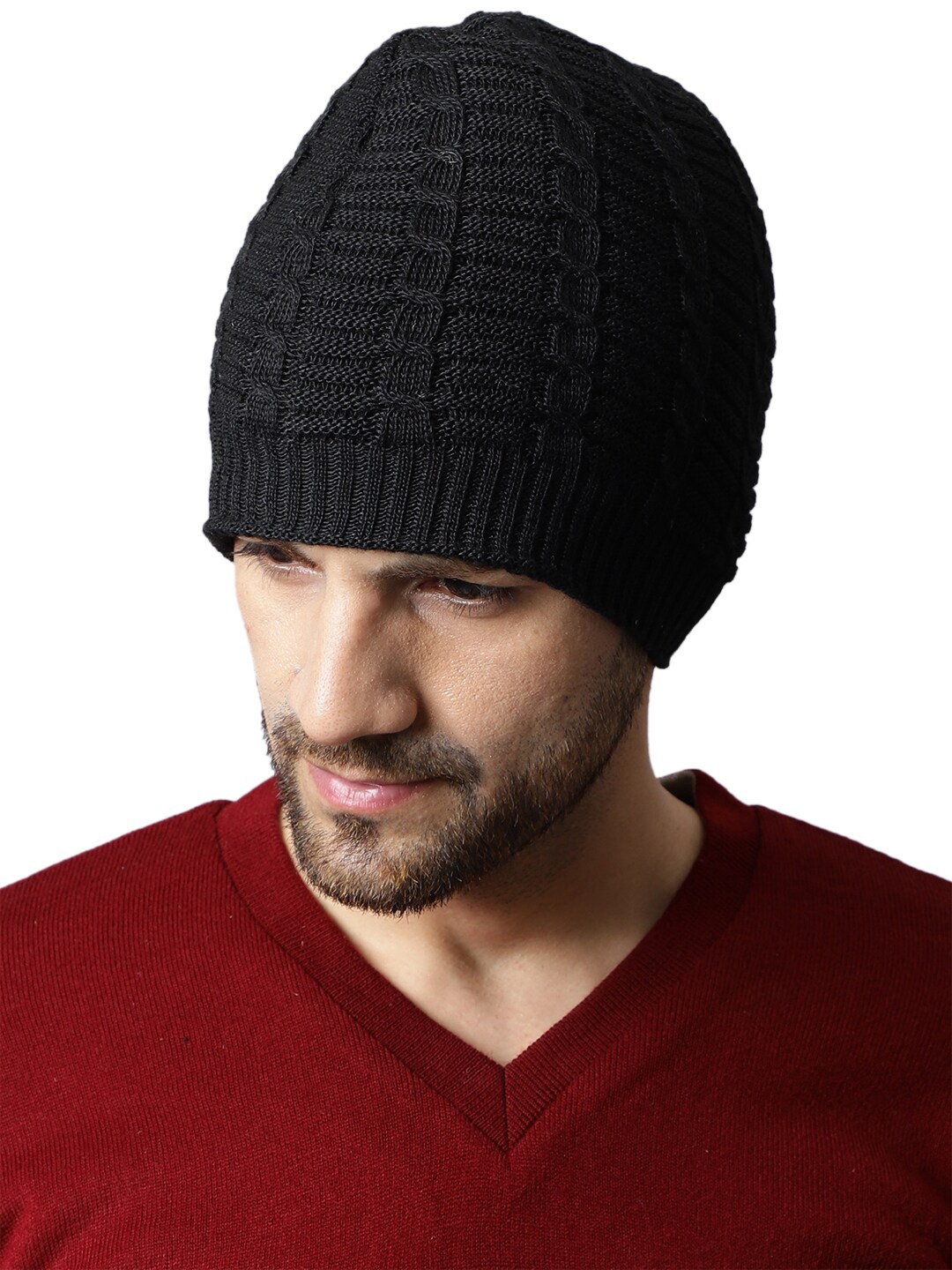 

ELLIS Men Self Designed Acrylic Beanie, Black