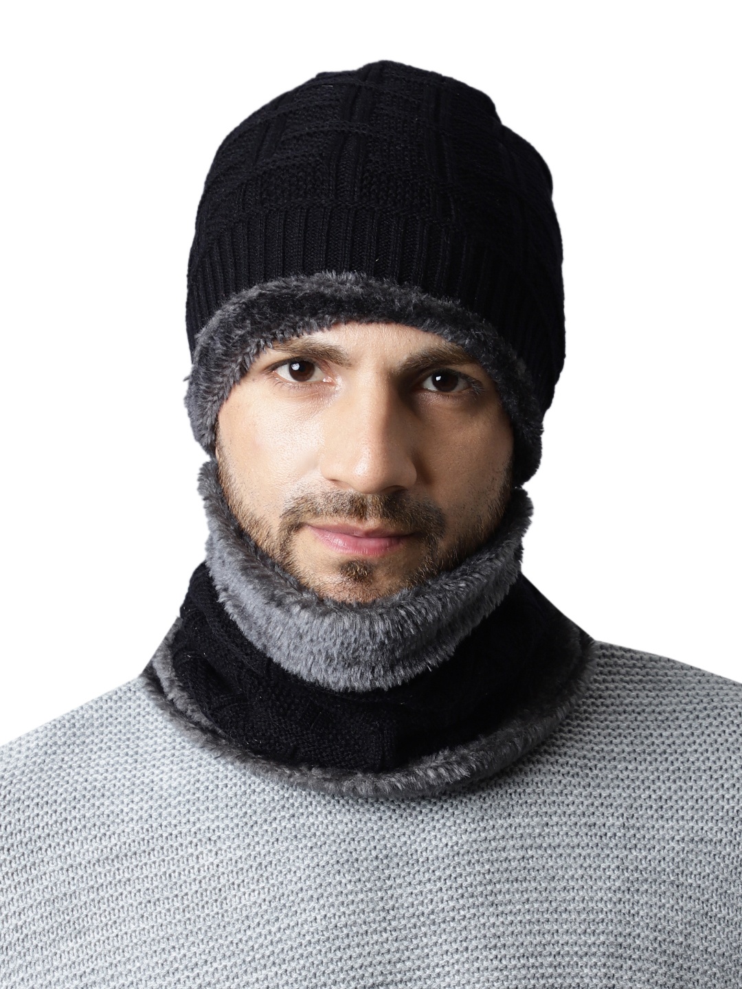 

ELLIS Men Self Design Beanie with Muffler, Black