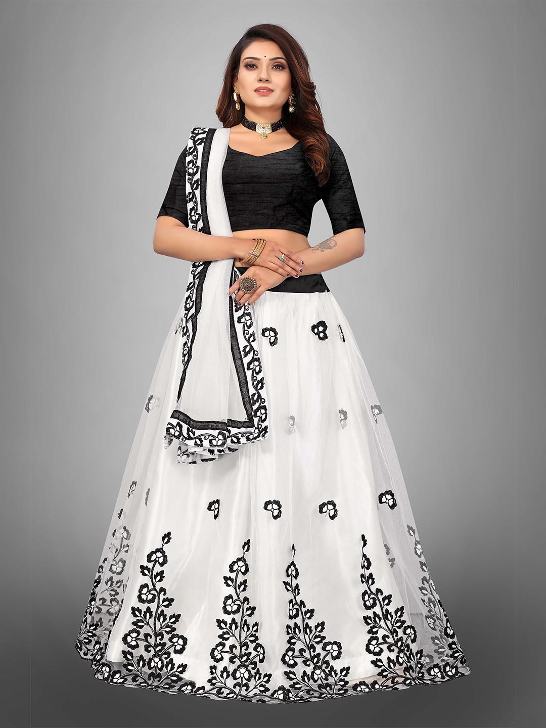 

JSItaliya Embroidered Semi-Stitched Lehenga & Unstitched Blouse With Dupatta, Black