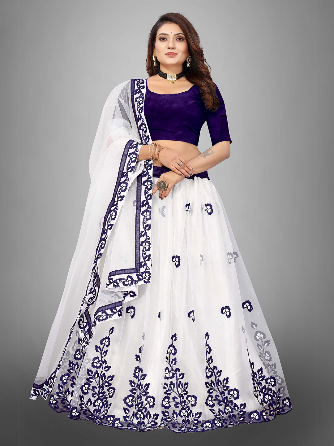 

JSItaliya Embroidered Semi-Stitched Lehenga & Unstitched Blouse With Dupatta, Navy blue