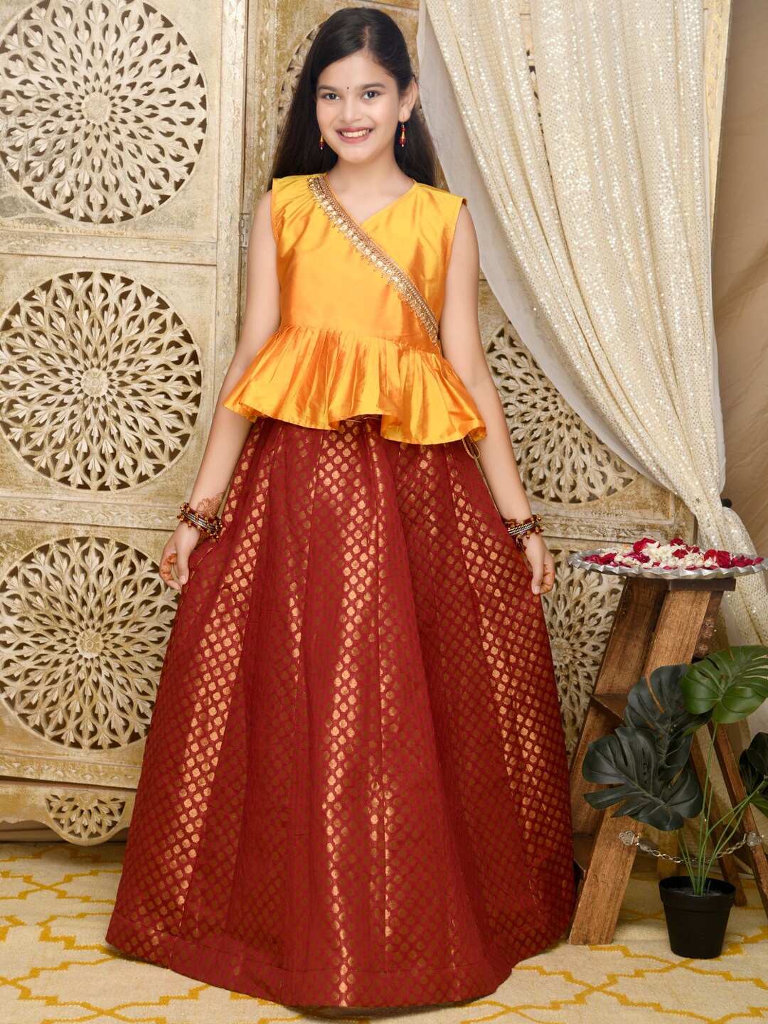 

SAKA DESIGNS Girls Ready to Wear Jacquard Lehenga & Peplum Angrakha Choli, Mustard
