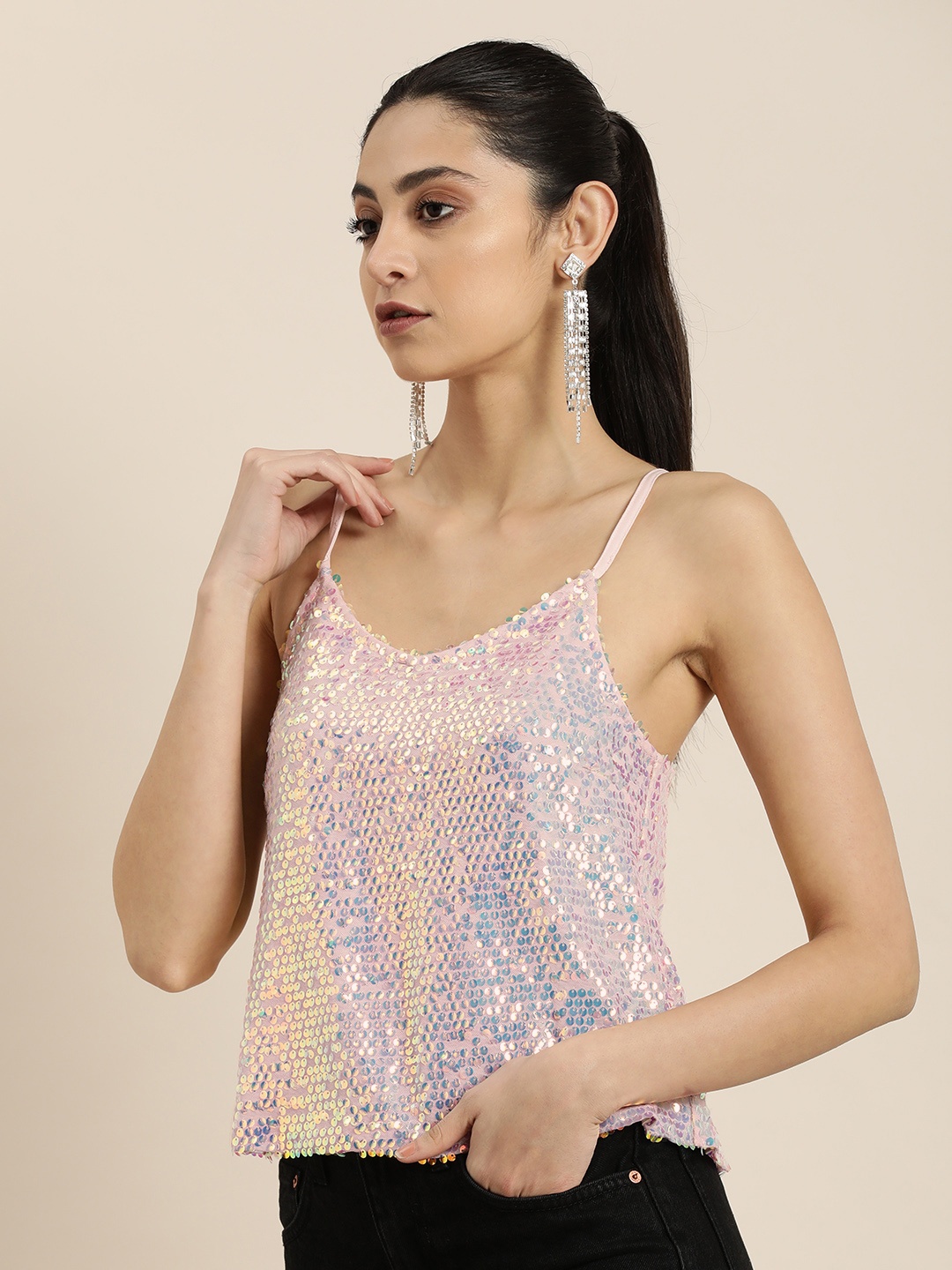 

Moda Rapido Shoulder Straps Sequined Top, Pink